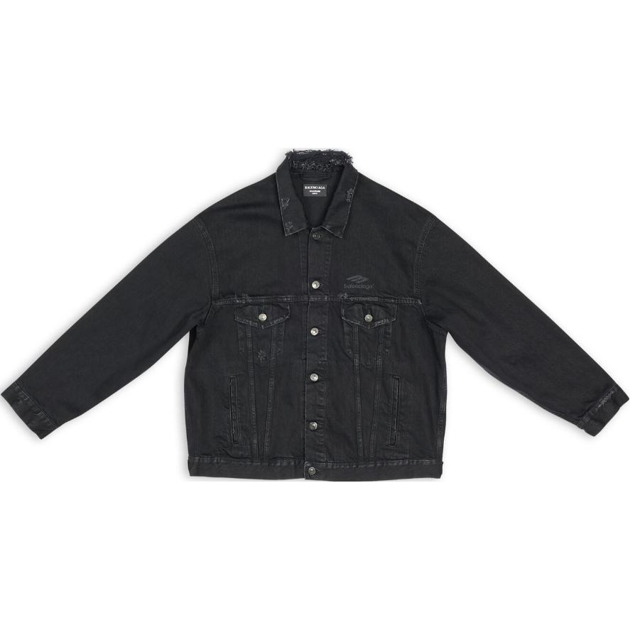 (Women) Balenciaga FW22  Black Denim Jacket with Embroidered Logo Patch. 704298TBP470102