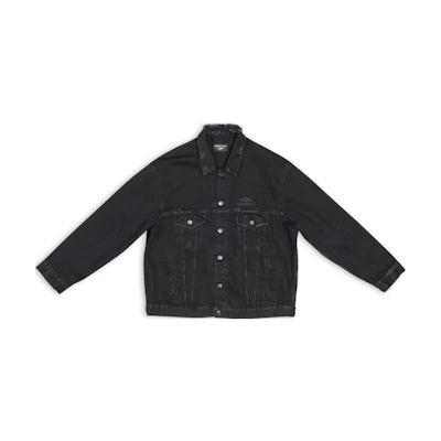(Women) Balenciaga FW22 Black Denim Jacket with Embroidered Logo Patch. 704298TBP470102