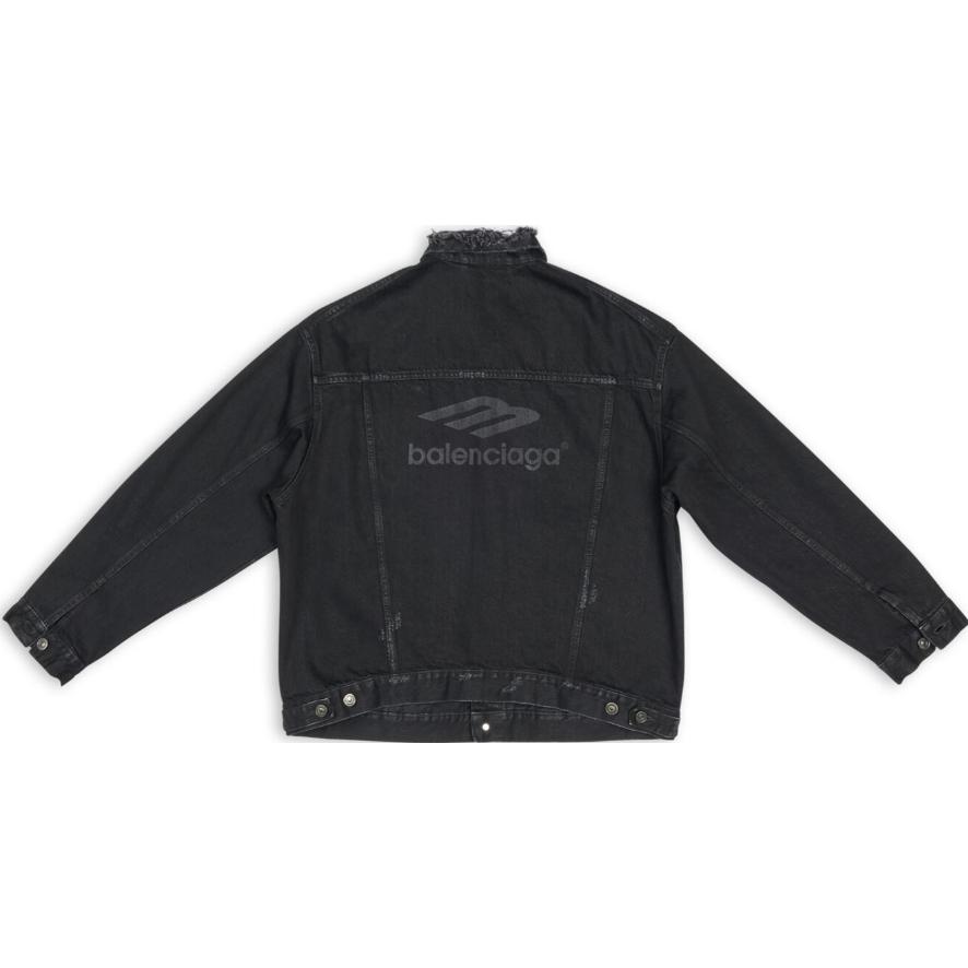 Lookbook (W) Balenciaga FW22 Jaket Denim Hitam dengan Patch Logo Sulam. 704298TBP470102