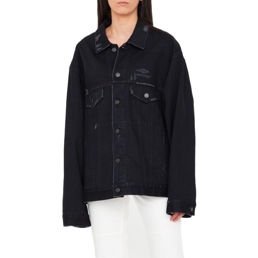 Shop (W) Balenciaga FW22 Jaket Denim Hitam dengan Patch Logo Sulam. 704298TBP470102