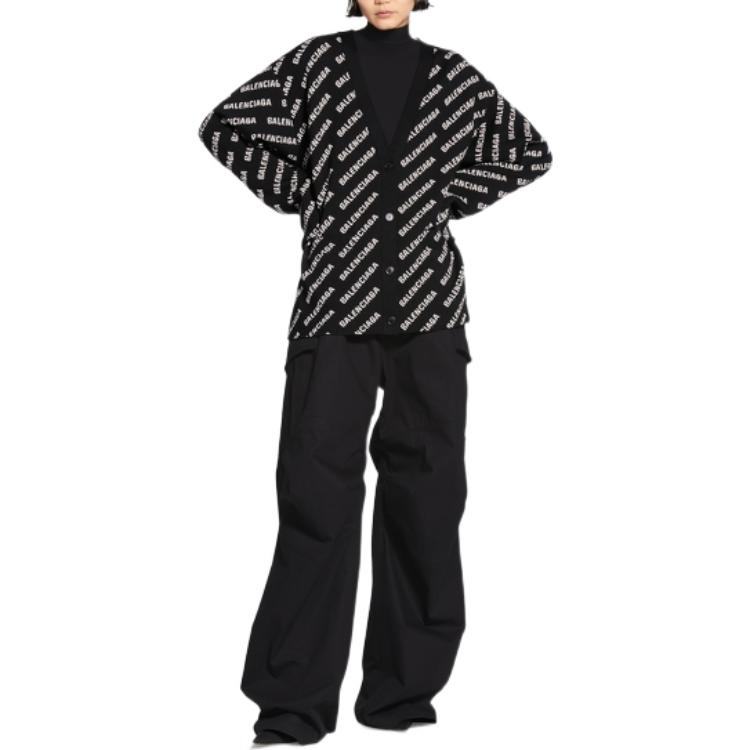 Shop (Women) Balenciaga FW22  Black Knit Cardigan with Logo Letter Print. 719631T16601070