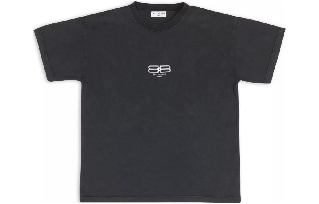 (Women) Balenciaga FW22  Black Loose Fit Embroidered Logo Tee Shirt. 612965TMVG79034