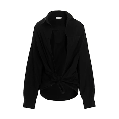 (Women) Balenciaga FW22 Black Tie-Waist Single-Breasted Long Sleeve Shirt. 704462TYB181000