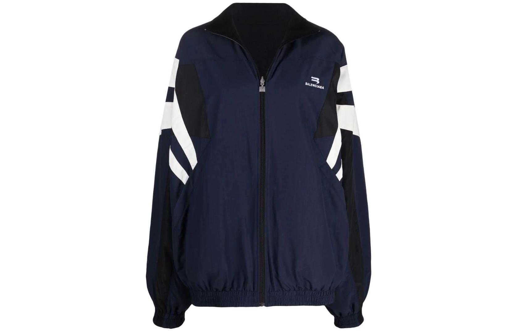 Buy (Women) Balenciaga FW22  Blue Colorblock Logo Zip-Up Jacket Loose Fit 681445TKO484063