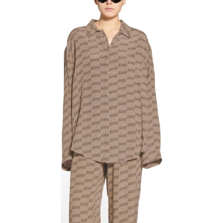 Shop (Women) Balenciaga FW22  Geometric Print Long Sleeve Brown Shirt. 681631TML359378