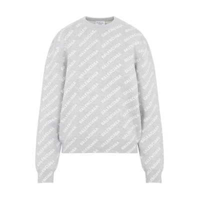 (Women) Balenciaga FW22 Grey Pullover Hoodie with Allover Logo Print. 704428T32331461