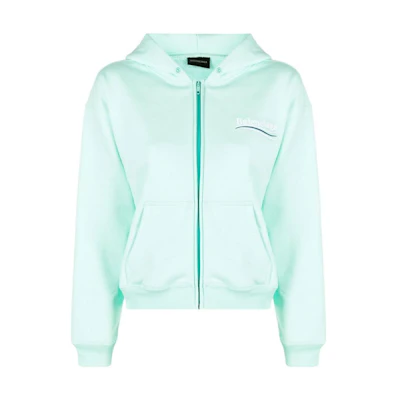 (Women) Balenciaga FW22 Light Green Logo Print Cotton Hoodie Regular Fit. 623451TKVI93461