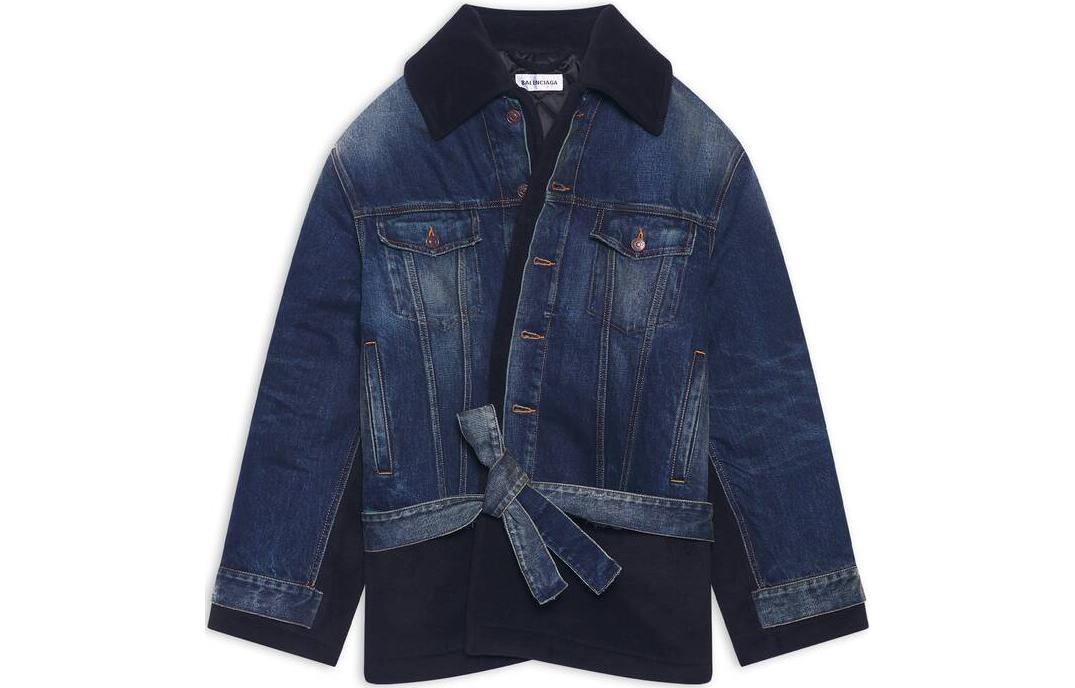 (Women) Balenciaga FW22  Loose Fit Blue Frayed Denim Patchwork Cropped Jacket 681711TJW754021