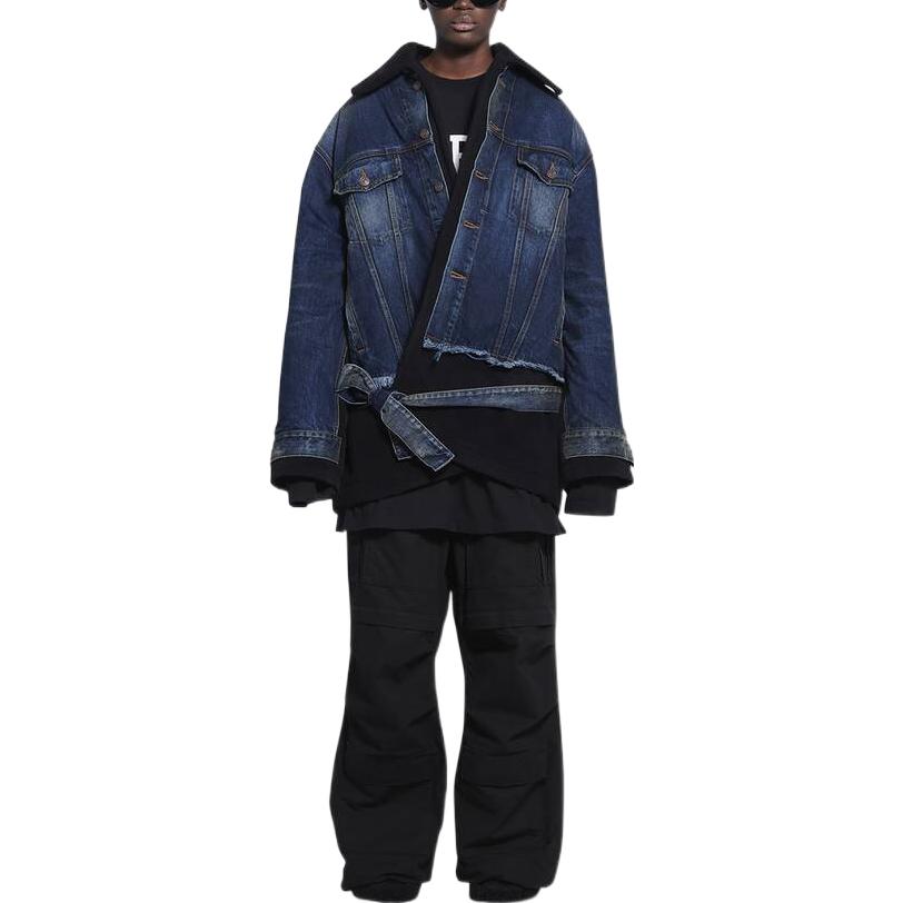 Shop (W) Balenciaga FW22 Jaket Denim Patchwork Biru Longgar Potongan Pendek Frayed 681711TJW754021