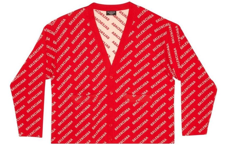 (Women) Balenciaga FW22  Red Wool Knit Cardigan with Logo V-Neck. 699850T32336090