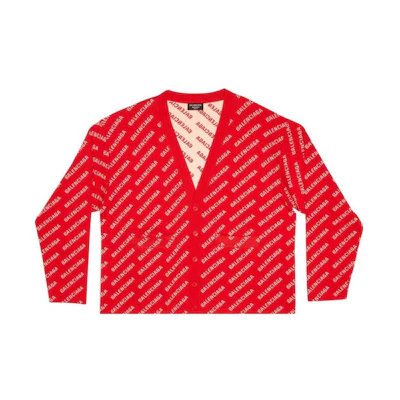 (Women) Balenciaga FW22 Red Wool Knit Cardigan with Logo V-Neck. 699850T32336090