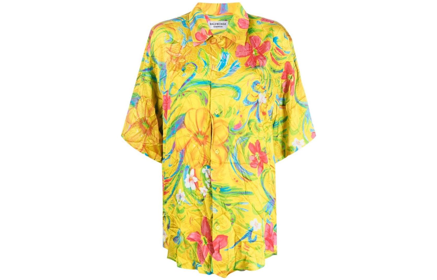 (Women) Balenciaga FW22  Yellow Floral Print Short Sleeve Loose Shirt. 658965TMLB17200