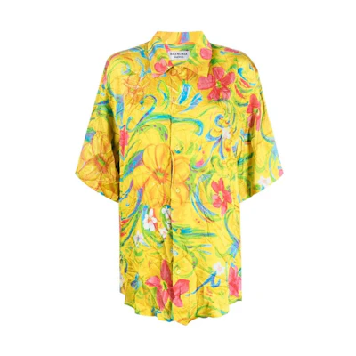 (Women) Balenciaga FW22 Yellow Floral Print Short Sleeve Loose Shirt. 658965TMLB17200