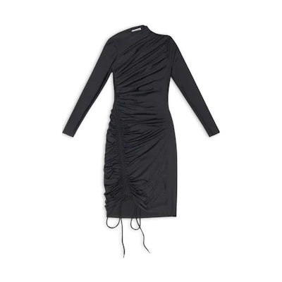 (Women) Balenciaga FW22 Black Ruched Drawstring Off-Shoulder Long Sleeve Dress Women. 704440TYK071000