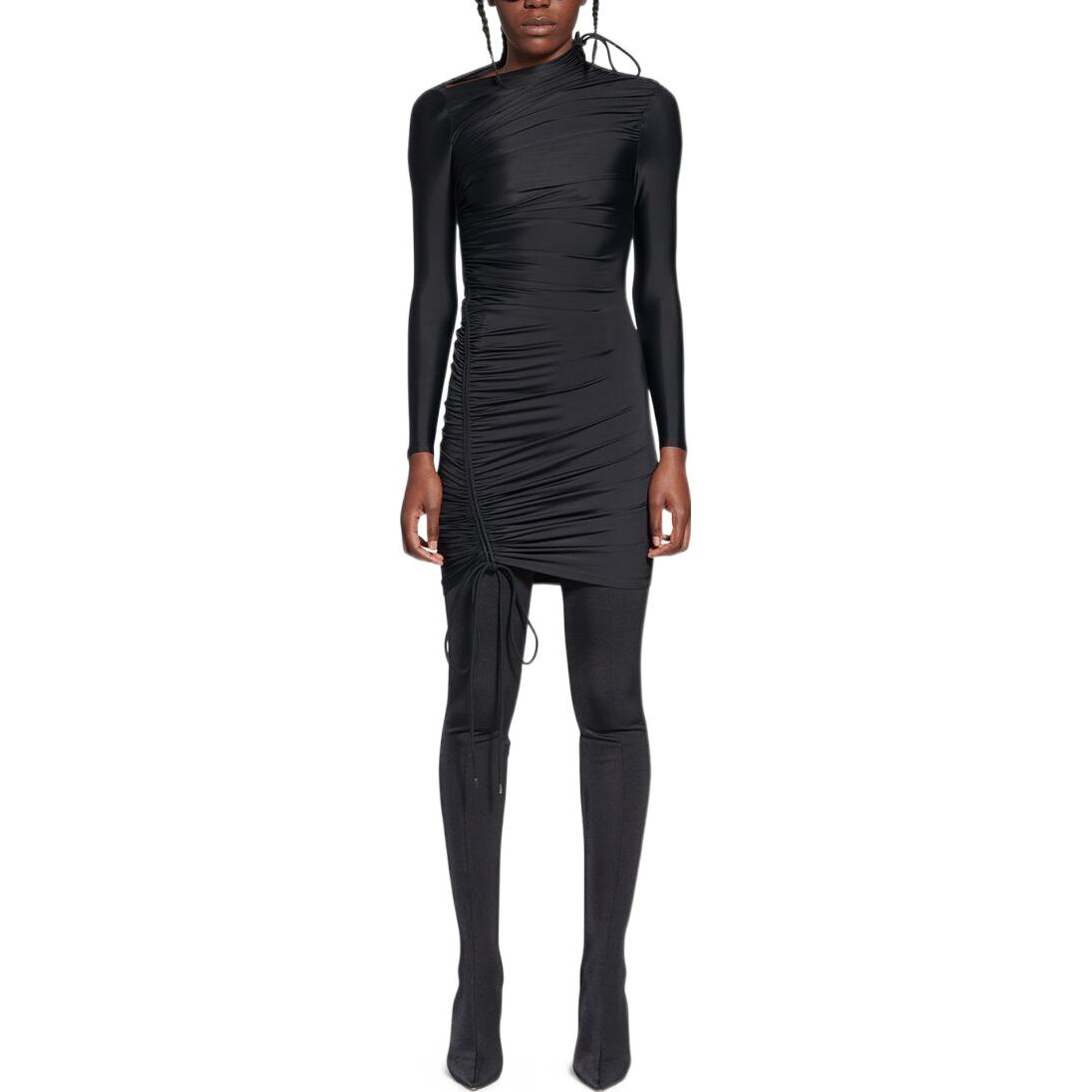 Shop (Women) Balenciaga FW22 Black Ruched Drawstring Off-Shoulder Long Sleeve Dress Women. 704440TYK071000