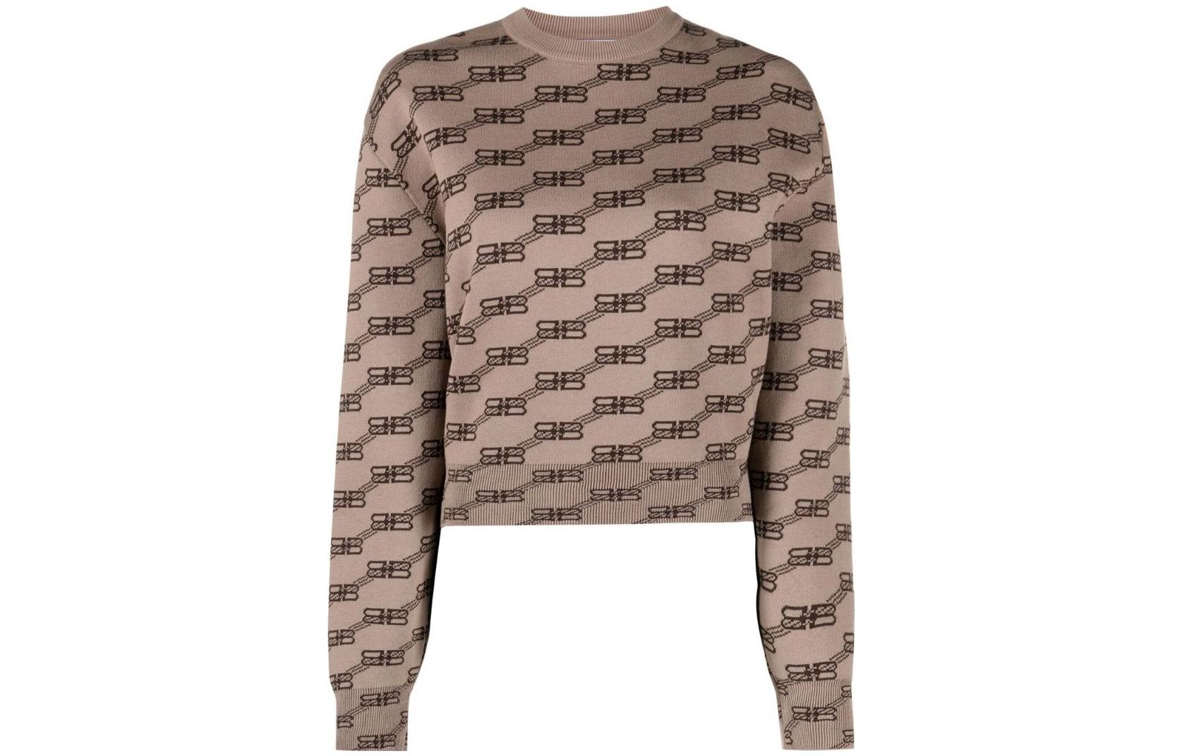 (Women) Balenciaga FW22 Double-B Print Brown Crewneck Sweater 704553T32539378