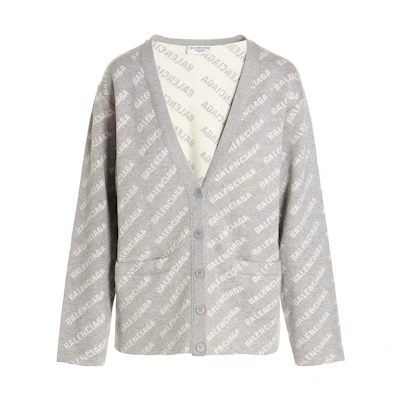 (Women) Balenciaga FW22 Gray Letter Print V-Neck Button-Up Knit Cardigan Women. 704456T32331461