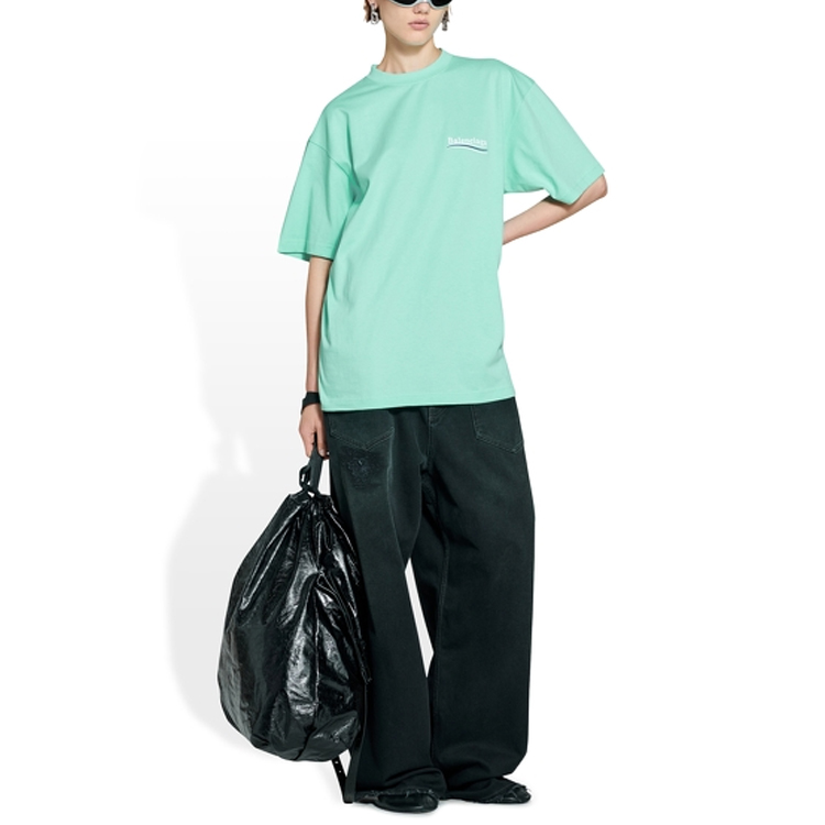 Shop (Women) Balenciaga FW22 Mint Green Oversized Logo Print T-Shirt for Women. 641655TKVJ13461