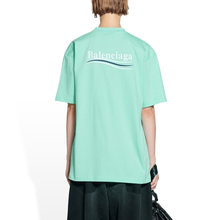Details for (Women) Balenciaga FW22 Mint Green Oversized Logo Print T-Shirt for Women. 641655TKVJ13461