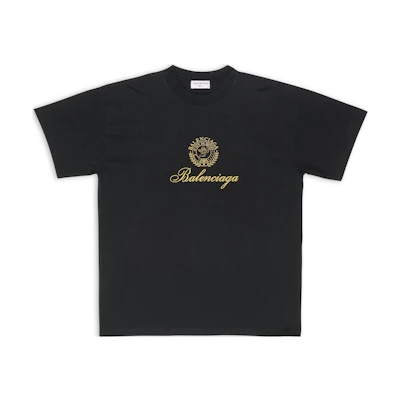 (Women) Balenciaga FW22 Qixi Crest Logo Print Black Crewneck T-Shirt Women. 612965TMVL41075