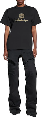 (Women) Balenciaga FW22 Qixi Crest Logo Print Black Crewneck T-Shirt Women. 612965TMVL41075 Shop (Women) Balenciaga FW22 Qixi Crest Logo Print Black Crewneck T-Shirt Women. 612965TMVL41075