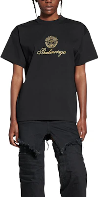 (Women) Balenciaga FW22 Qixi Crest Logo Print Black Crewneck T-Shirt Women. 612965TMVL41075 Purchase (Women) Balenciaga FW22 Qixi Crest Logo Print Black Crewneck T-Shirt Women. 612965TMVL41075