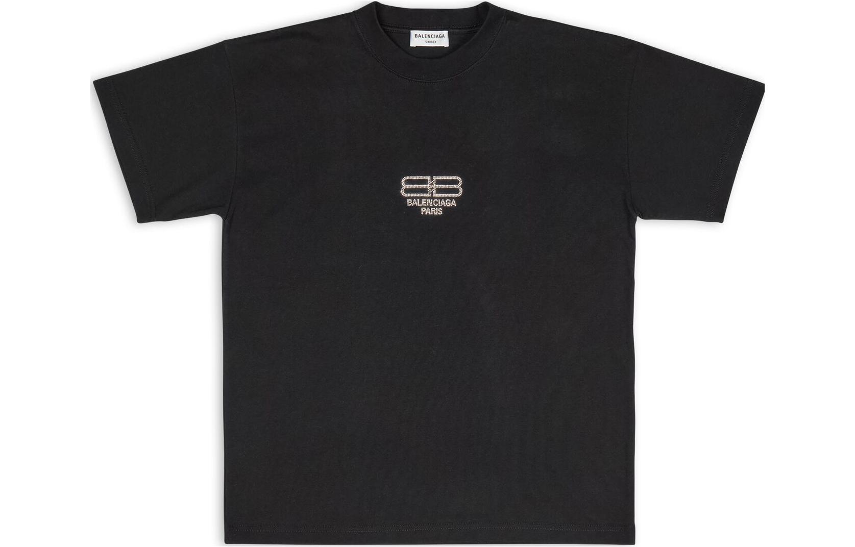 Buy (W) Camiseta Negra Oversized Balenciaga FW22 con Logo de Strass para Mujer. 612965TMVP21073