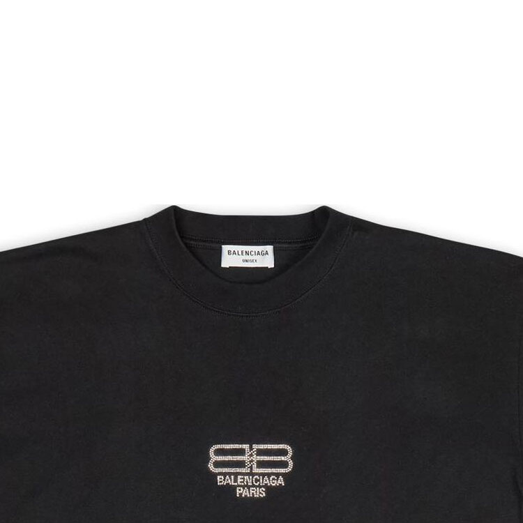 Sizing (W) Camiseta Negra Oversized Balenciaga FW22 con Logo de Strass para Mujer. 612965TMVP21073