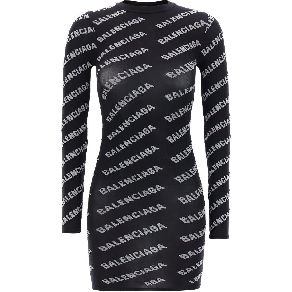 (Women) Balenciaga FW23 Black Logo Print Long Sleeve Mini Dress Women. 7453333D3B41077