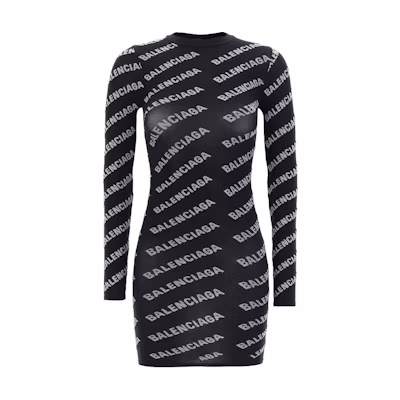 (Women) Balenciaga FW23 Black Logo Print Long Sleeve Mini Dress Women. 7453333D3B41077