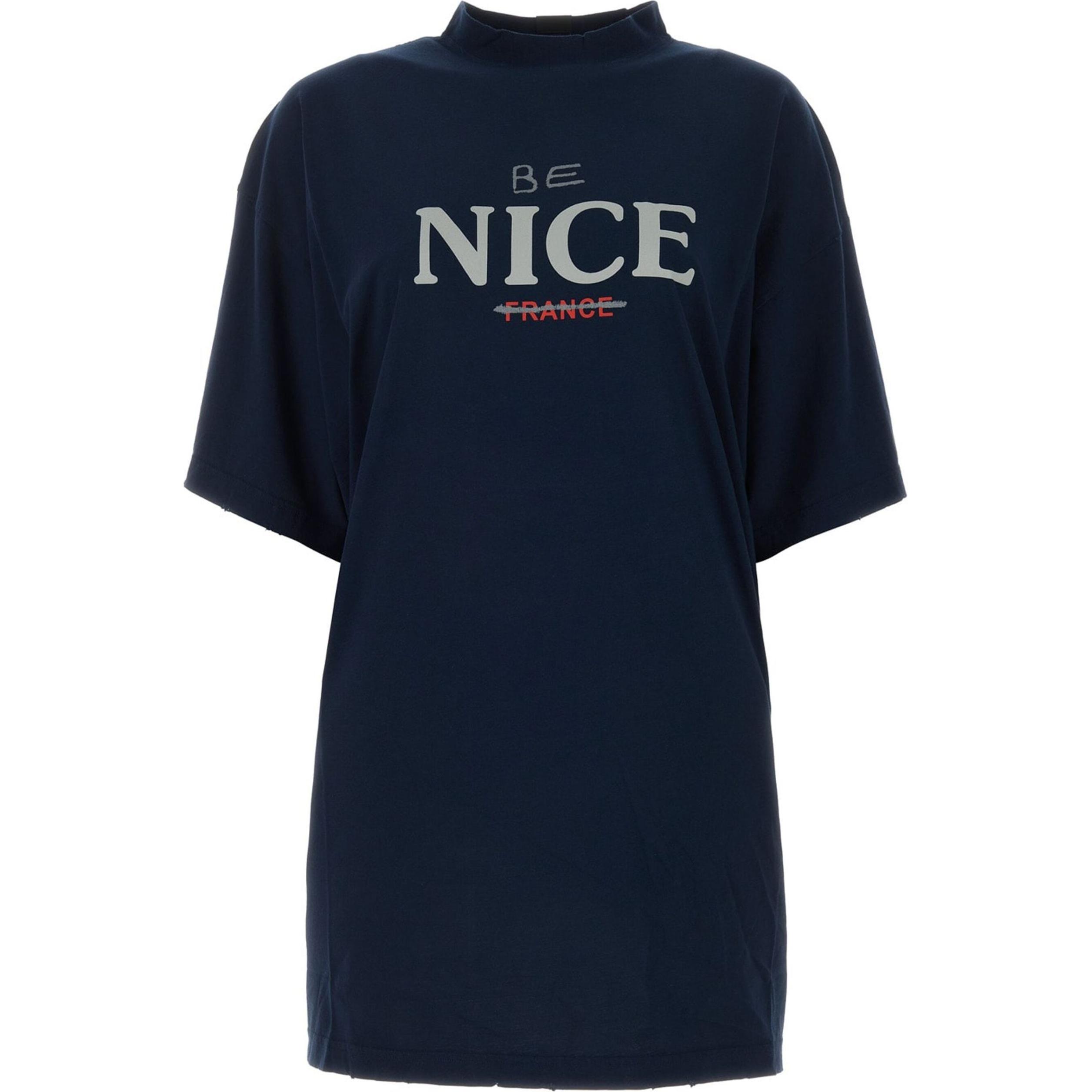 (Women) Balenciaga Letter Print Half-Turtleneck T-Shirt Regular Fit Blue Women. 739028TPVE44140