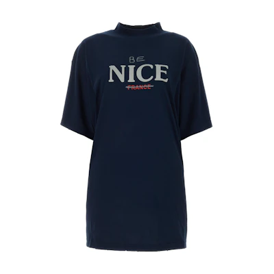 (Women) Balenciaga Letter Print Half-Turtleneck T-Shirt Regular Fit Blue Women. 739028TPVE44140