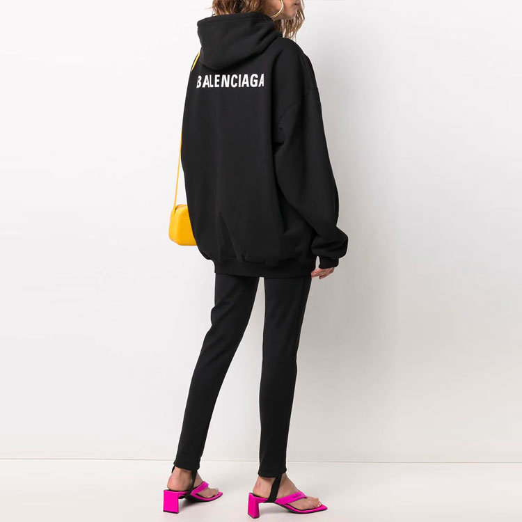 Shop (W) 巴黎世家Logo印花黑色連帽上衣 女款常規版型長袖套頭衫 578135TIV841070