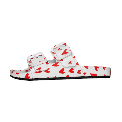 (W) Balenciaga Logo Print Mallorca Flat Sandals White Red Hearts
