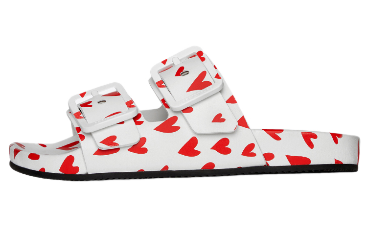 (Women) Balenciaga Logo Print Mallorca Flat Sandals White Red Hearts 685638WA2MD9063