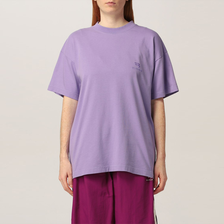 (Women) Balenciaga Logo Print Oversized Purple T-Shirt  Crewneck Casual Tee 612965TLV993071 圖 5