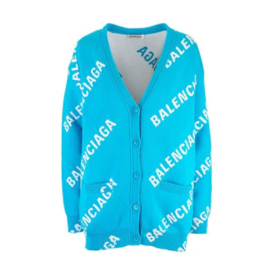 (Women) Balenciaga Logo V-Neck Wool Sweater Knit Light Blue 625330T31784661