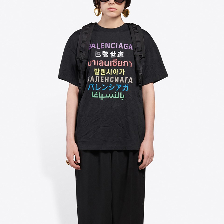 (Women) Balenciaga Multilingual Logo Print Black Pleated T-Shirt 612965TJVI32771 圖 4