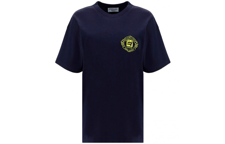 (Women) Balenciaga Navy Blue Logo Patch Cotton Crewneck T-Shirt FW21. 612965TLV614140