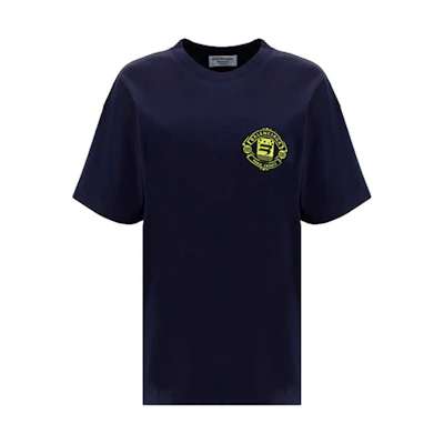 (Women) Balenciaga Navy Blue Logo Patch Cotton Crewneck T-Shirt FW21. 612965TLV614140