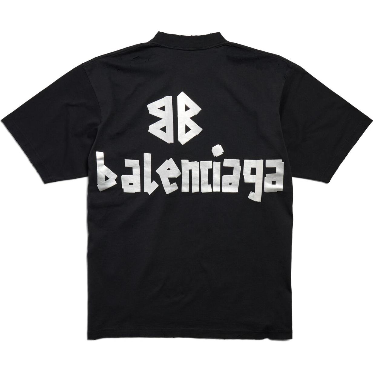 Lookbook (W) 발렌시아가 뉴 테이프 로고 프린트 디스트로이드 티셔츠 블랙 739784TQVQ81073