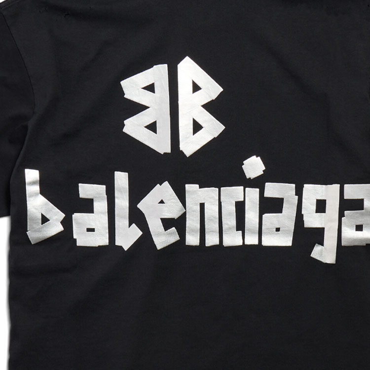 Details for (W) 발렌시아가 뉴 테이프 로고 프린트 디스트로이드 티셔츠 블랙 739784TQVQ81073