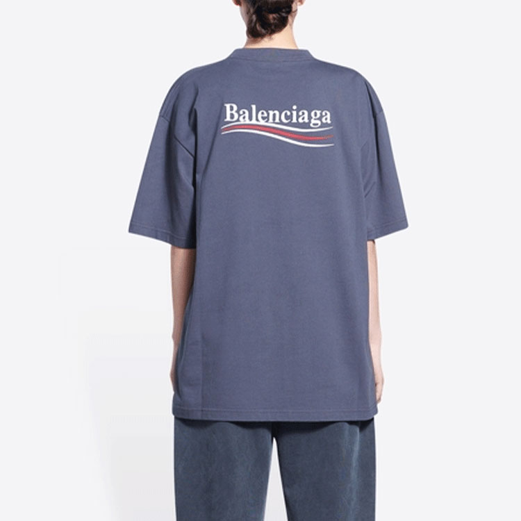 (Women) Balenciaga Political Campaign Logo Print Blue Crewneck T-Shirt Casual Tee 641655TKVJ11366 圖 4