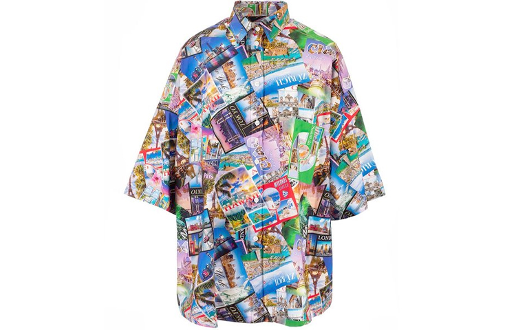 (Women) Balenciaga Postcard Print Oversized Short Sleeve Shirt Women Floral Pattern. 595038TJLK98470