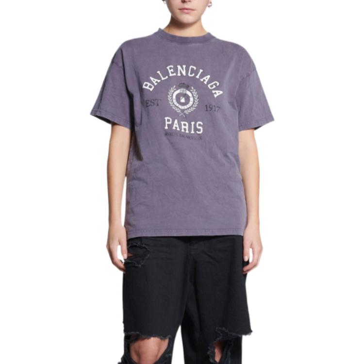 (Women) Balenciaga Purple Vintage Washed Cracked Print Logo T-Shirt  Oversized Fit. 612965tmv986164 圖 4