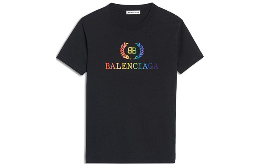 (Women) Balenciaga Rainbow Gradient Logo Crewneck T-Shirt Regular Fit Black (). 570814TEV531000