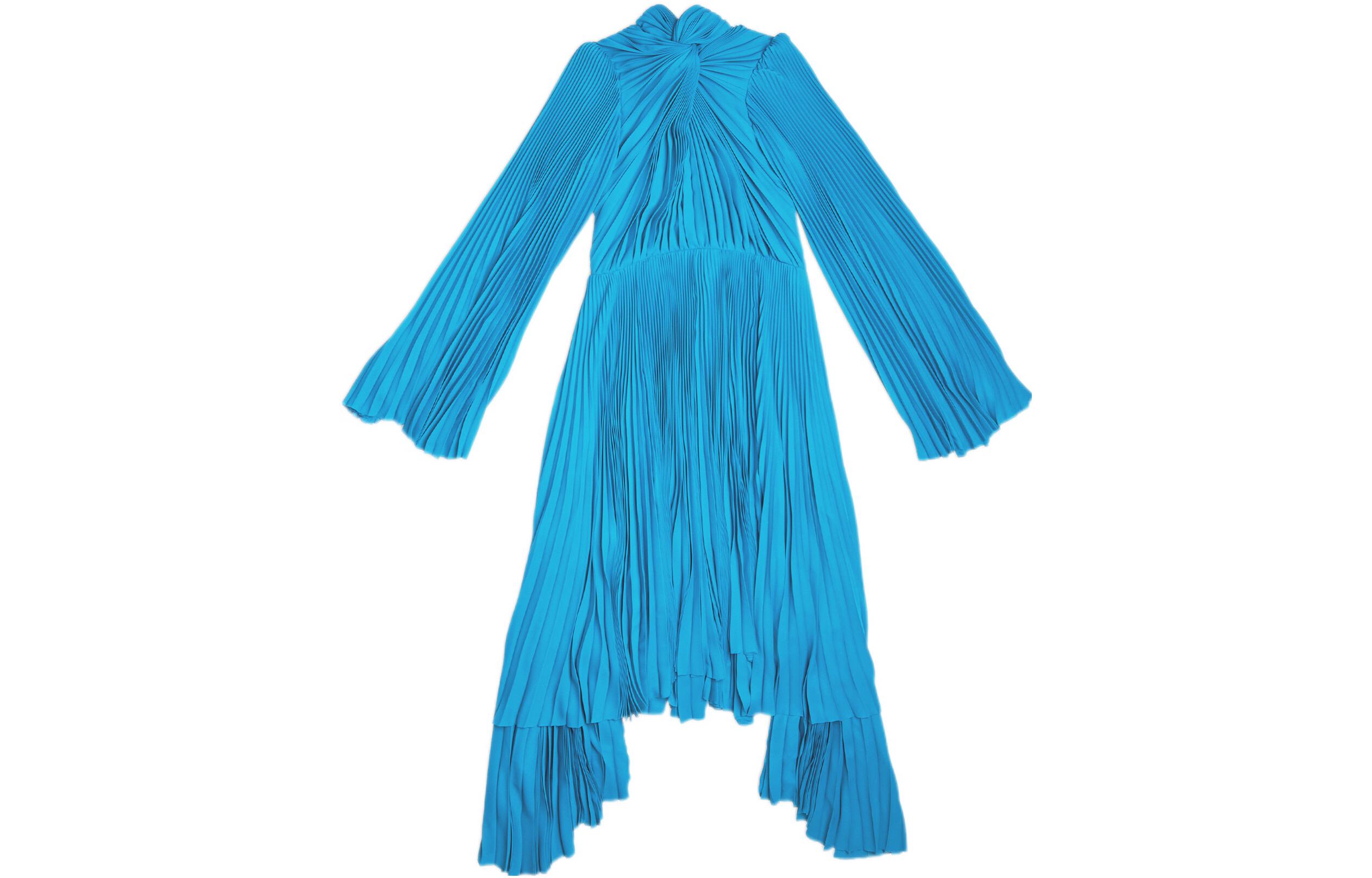 (Women) Balenciaga Red Carpet SS22 Blue Pleated Midi Long-Sleeve Dress . 698665TGO084477
