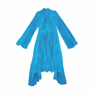 (Women) Balenciaga Red Carpet SS22 Blue Pleated Midi Long-Sleeve Dress . 698665TGO084477