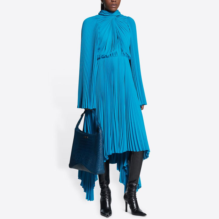 Shop (W) 발렌시아가 레드 카펫 SS22 블루 주름 롱슬리브 미디 드레스. 698665TGO084477