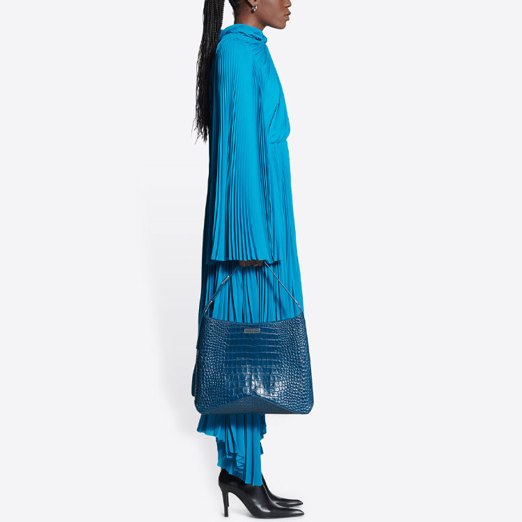 Details for (W) 발렌시아가 레드 카펫 SS22 블루 주름 롱슬리브 미디 드레스. 698665TGO084477